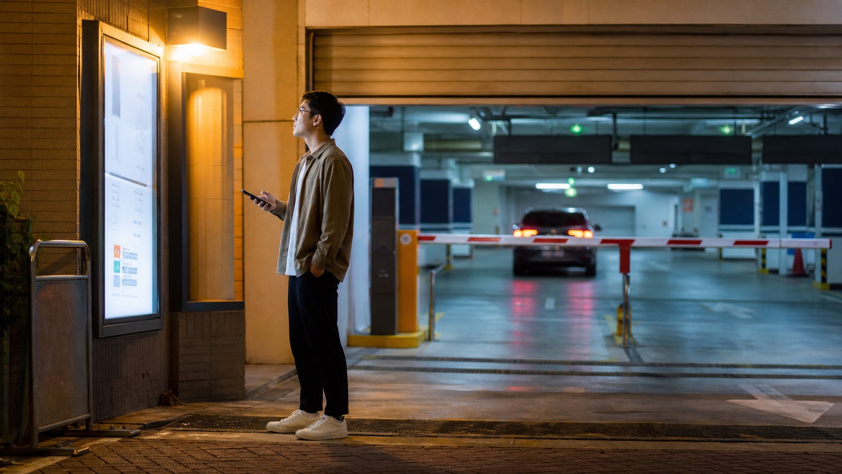 深夜停車場鐵門關閉，使用者在場外查看官方聯絡資訊