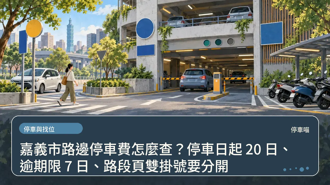 嘉義市路邊停車費怎麼查？停車日起 20 日、逾期限 7 日、路段頁雙掛號要分開主題插畫
