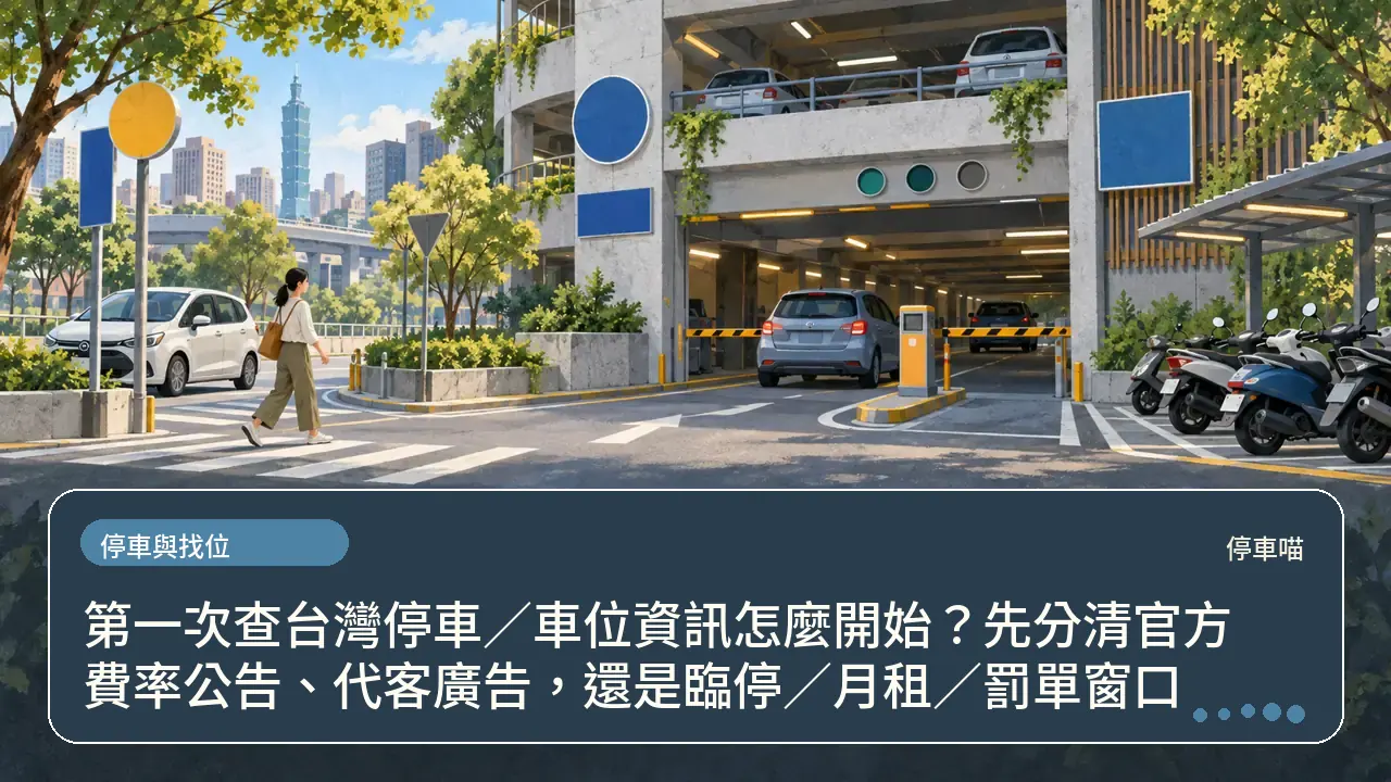 第一次查台灣停車/車位資訊怎麼開始?先分清官方費率公告、代客廣告,還是臨停/月租/罰單窗口主題插畫
