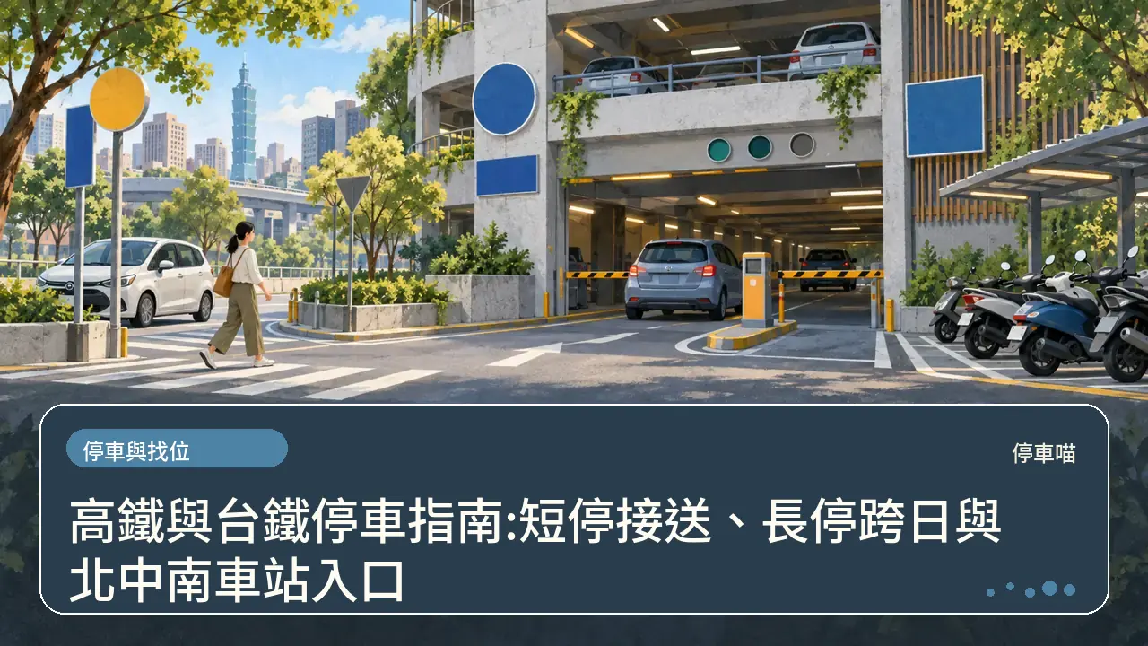 高鐵與台鐵停車指南:短停接送、長停跨日與北中南車站入口主題插畫