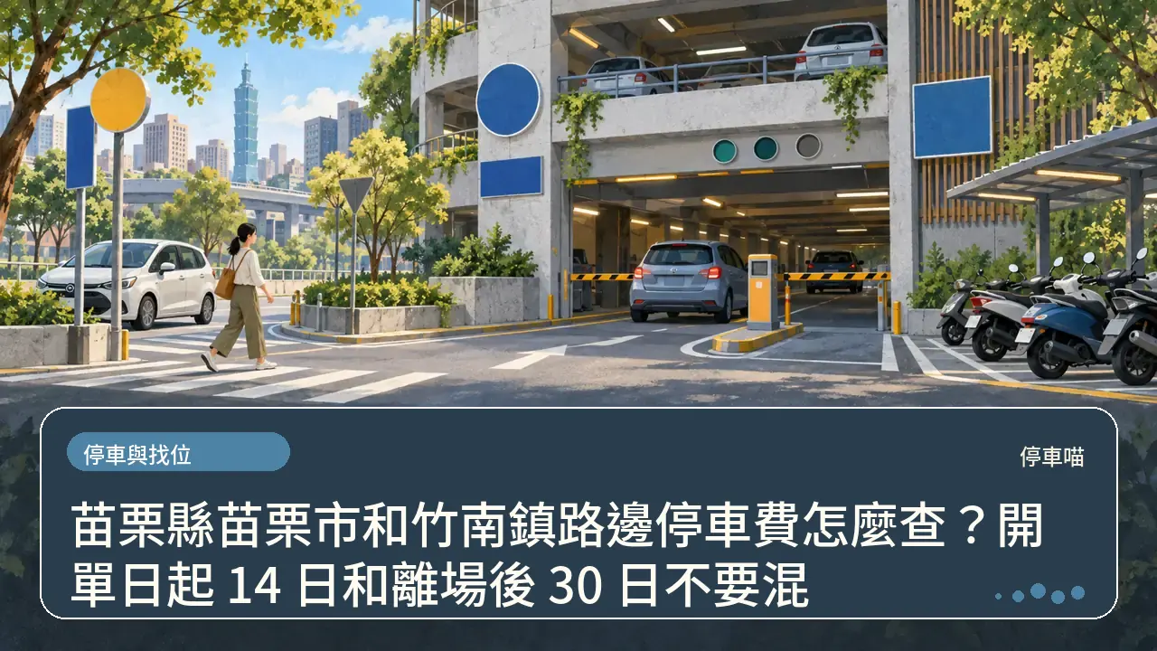 苗栗縣苗栗市和竹南鎮路邊停車費怎麼查?開單日起 14 日和離場後 30 日不要混主題插畫