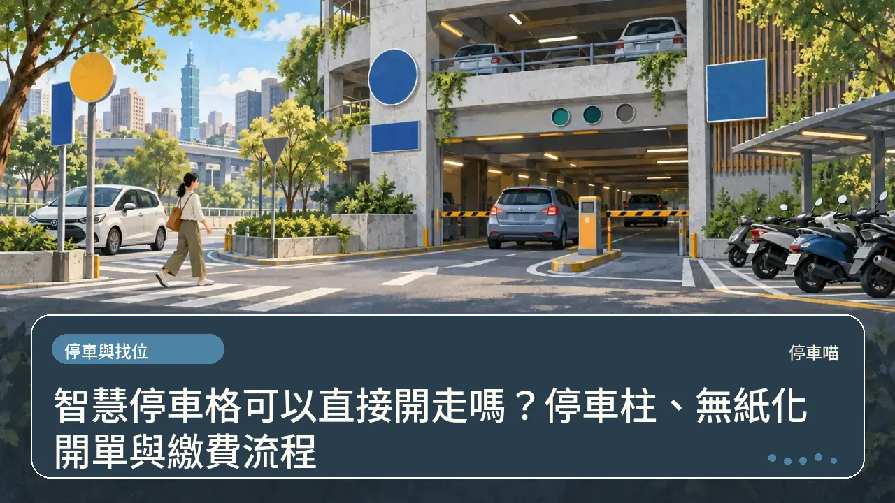 智慧停車格可以直接開走嗎?停車柱、無紙化開單與繳費流程主題插畫
