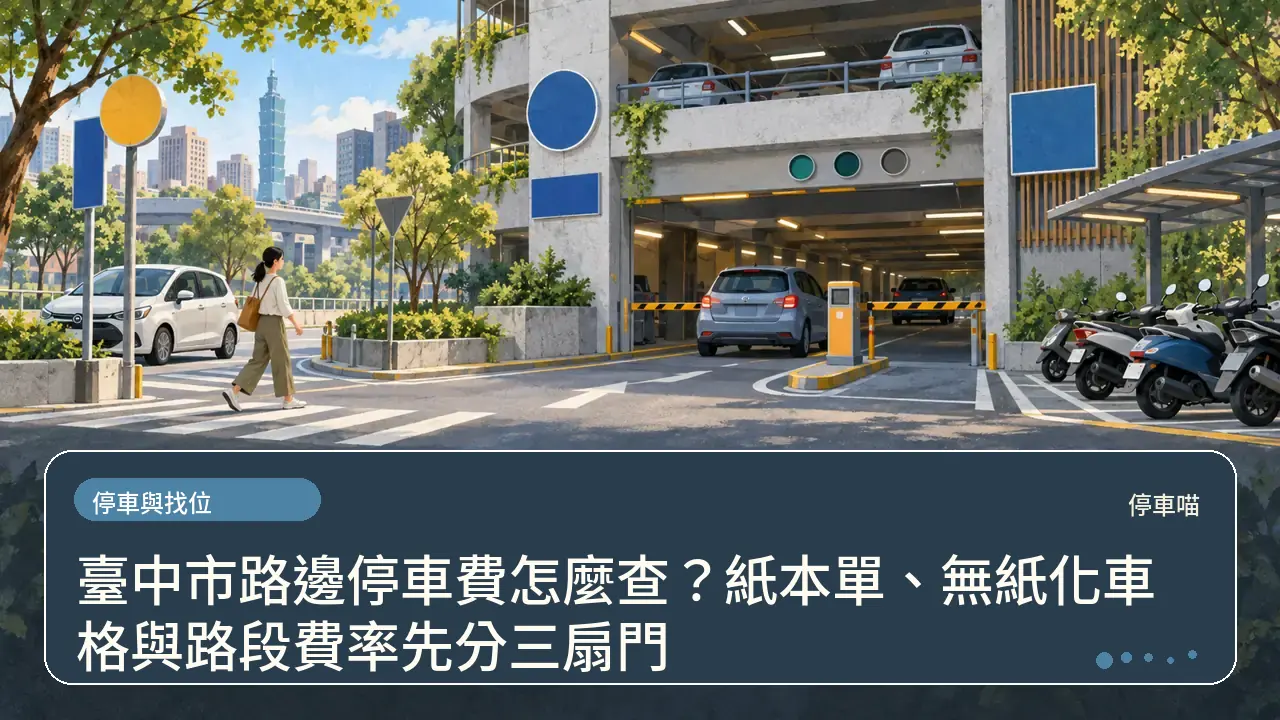 臺中市路邊停車費怎麼查？紙本單、無紙化車格與路段費率先分三扇門主題插畫