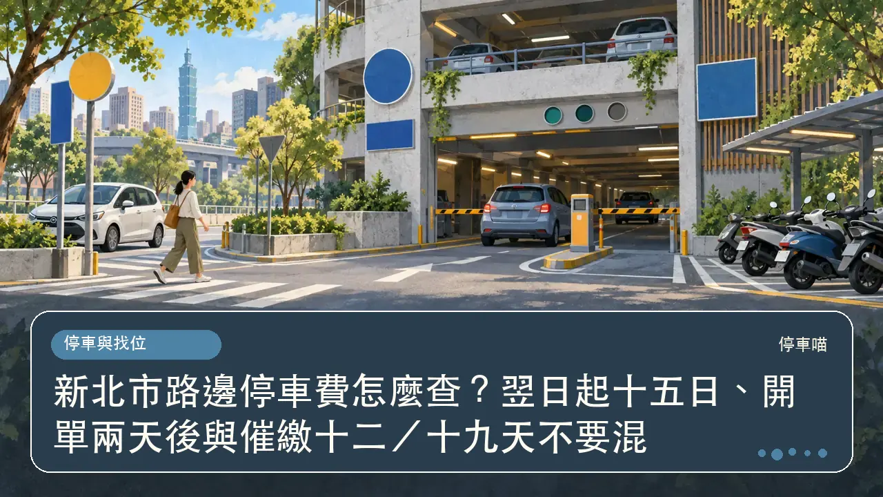新北市路邊停車費怎麼查？翌日起十五日、開單兩天後與催繳十二／十九天不要混主題插畫