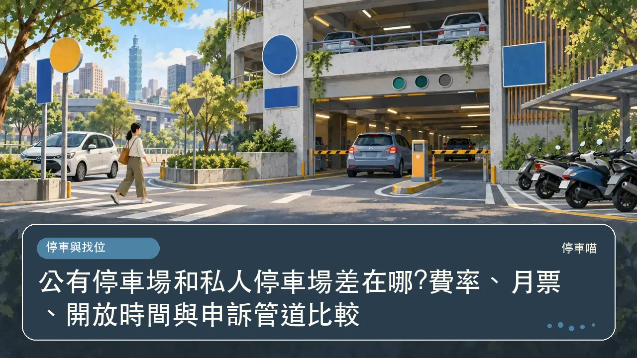公有停車場和私人停車場差在哪?費率、月票、開放時間與申訴管道比較主題插畫