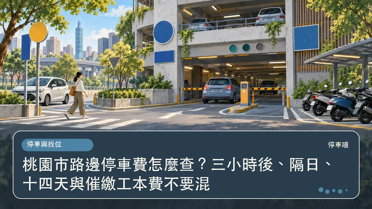 桃園市路邊停車費怎麼查？三小時後、隔日、十四天與催繳工本費不要混主題插畫
