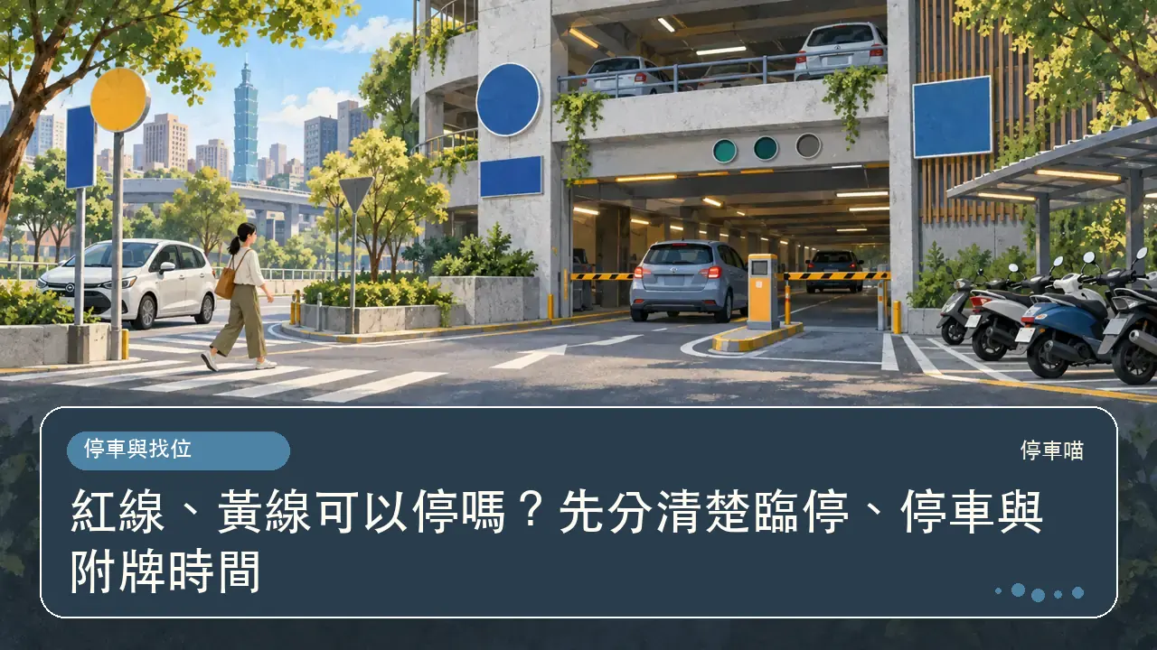 紅線、黃線可以停嗎?先分清楚臨停、停車與附牌時間主題插畫