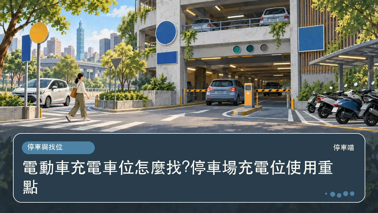 電動車充電車位怎麼找?停車場充電位使用重點主題插畫