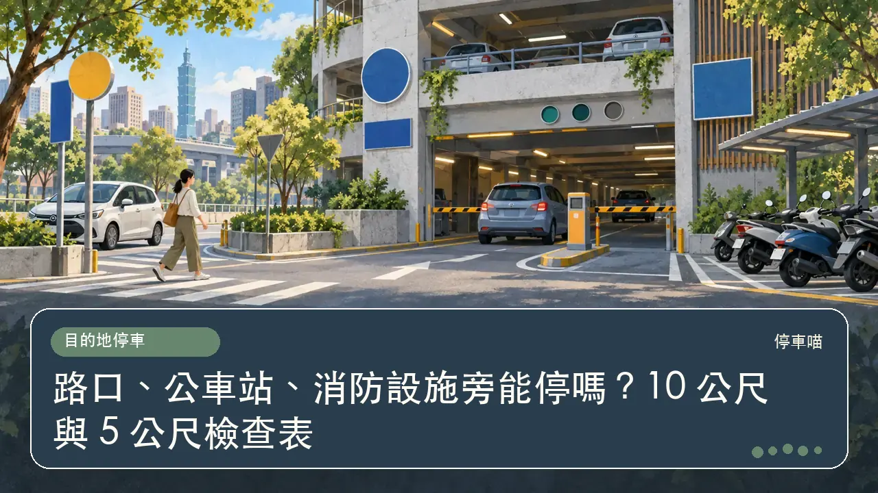 路口、公車站、消防設施旁能停嗎?10 公尺與 5 公尺檢查表主題插畫
