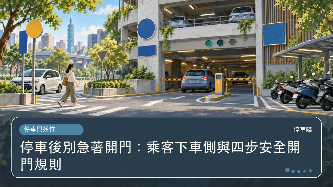 停車後別急著開門:乘客下車側與四步安全開門規則主題插畫