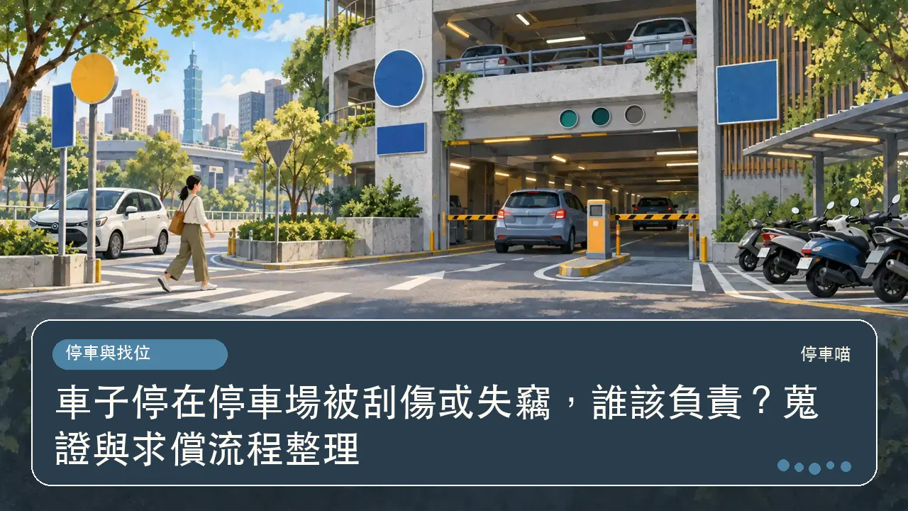 車子停在停車場被刮傷或失竊，誰該負責？蒐證與求償流程整理主題插畫