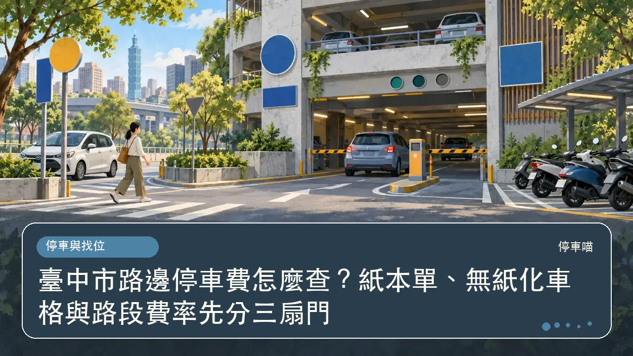 臺中市路邊停車費怎麼查?紙本單、無紙化車格與路段費率先分三扇門主題插畫