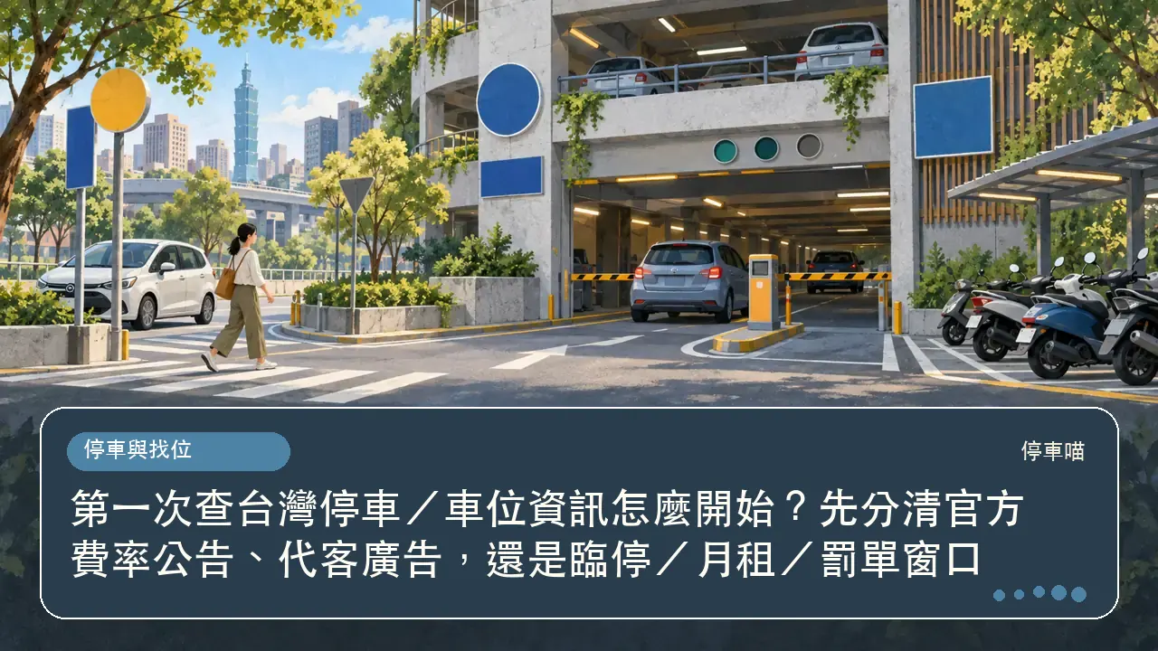 第一次查台灣停車／車位資訊怎麼開始？先分清官方費率公告、代客廣告，還是臨停／月租／罰單窗口主題插畫