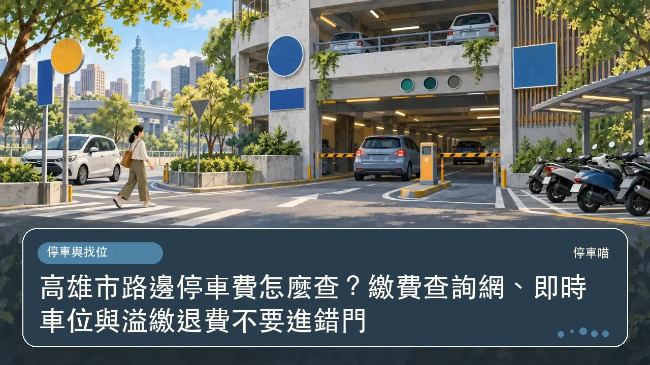 高雄市路邊停車費怎麼查？繳費查詢網、即時車位與溢繳退費不要進錯門主題插畫
